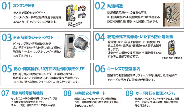 ICカード錠Fe-Lockライトは電池式で3年以上高寿命、屋外設置可能等様々な機能で利用者をサポートします